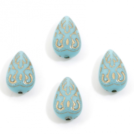 Picture of Acrylic Retro Beads For DIY Charm Jewelry Making Lake Blue Drop Carved Pattern About 18mm x 11mm, Hole: Approx 1.6mm, 10 PCs