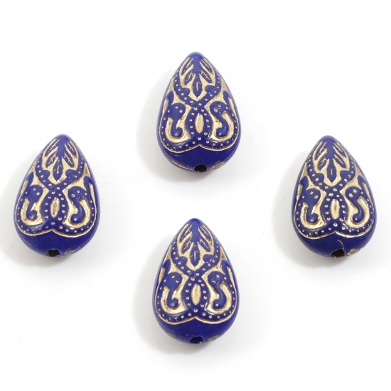 Picture of Acrylic Retro Beads For DIY Charm Jewelry Making Royal Blue Drop Carved Pattern About 18mm x 11mm, Hole: Approx 1.6mm, 10 PCs