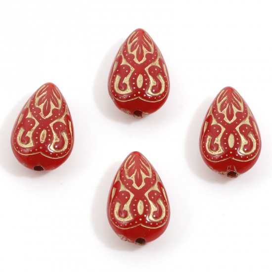 Picture of Acrylic Retro Beads For DIY Charm Jewelry Making Red Drop Carved Pattern About 18mm x 11mm, Hole: Approx 1.6mm, 10 PCs
