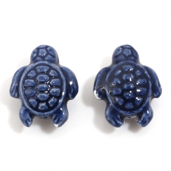 Bild von Keramik Ozean Schmuck Perlen für die Herstellung von DIY-Charme-Schmuck Schildkröte Dunkelblau Gefärbt ca. 18mm x 15mm, Loch:ca. 1.6mm, 34.5cm lang, 1 Strang (ca. 20 Stück/Strang)