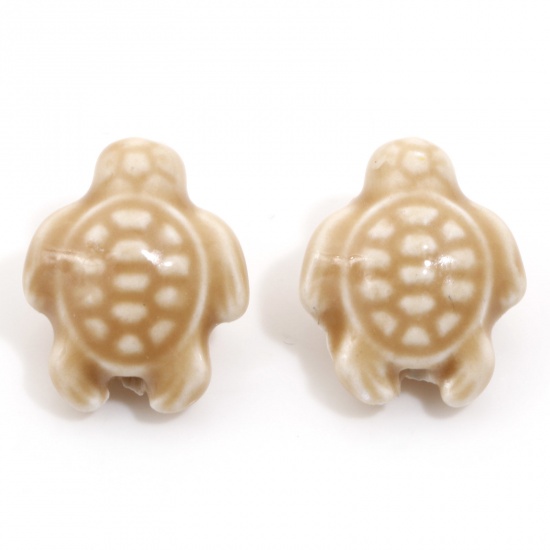 Bild von Keramik Ozean Schmuck Perlen für die Herstellung von DIY-Charme-Schmuck Schildkröte Khaki Gefärbt ca. 18mm x 15mm, Loch:ca. 1.6mm, 34.5cm lang, 1 Strang (ca. 20 Stück/Strang)