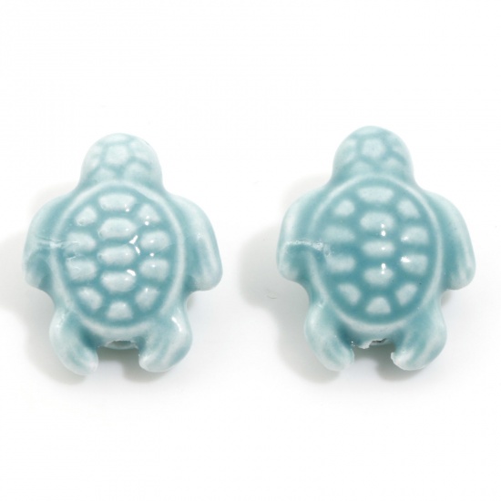 Bild von Keramik Ozean Schmuck Perlen für die Herstellung von DIY-Charme-Schmuck Schildkröte Cyan Gefärbt ca. 18mm x 15mm, Loch:ca. 1.6mm, 34.5cm lang, 1 Strang (ca. 20 Stück/Strang)