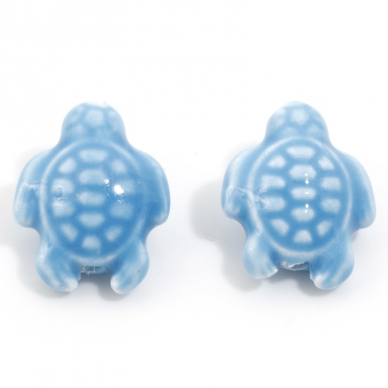 Bild von Keramik Ozean Schmuck Perlen für die Herstellung von DIY-Charme-Schmuck Schildkröte Blau Gefärbt ca. 18mm x 15mm, Loch:ca. 1.6mm, 34.5cm lang, 1 Strang (ca. 20 Stück/Strang)