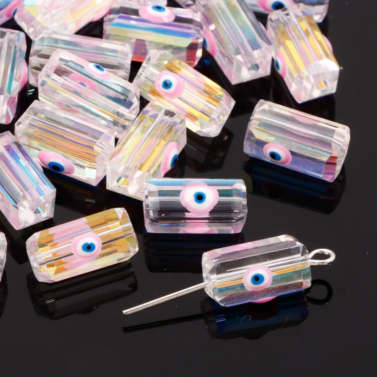 ガラス 宗教 ビーズ ペンダント チャーム DIY 手作り ハンドメイド ジュエリー アクセサリーを作る 長方形 薄ピンク ABカラー 邪眼 透明 ファセット・カット 約 12mm x 6mm、 穴：約 1.3mm、 2 個 の画像