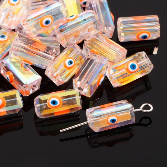 ガラス 宗教 ビーズ ペンダント チャーム DIY 手作り ハンドメイド ジュエリー アクセサリーを作る 長方形 オレンジ ABカラー 邪眼 透明 ファセット・カット 約 12mm x 6mm、 穴：約 1.3mm、 2 個 の画像