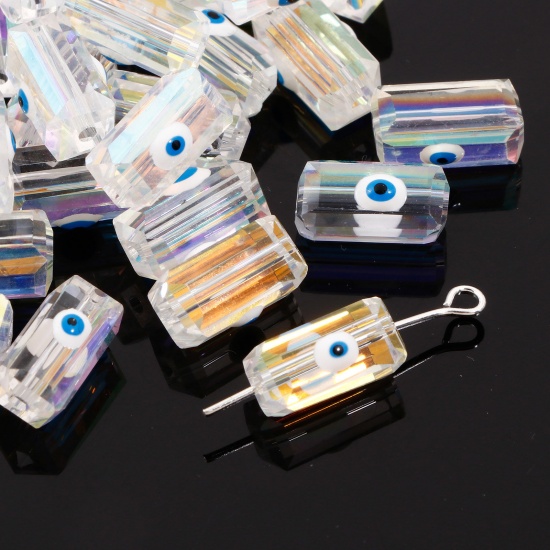 ガラス 宗教 ビーズ ペンダント チャーム DIY 手作り ハンドメイド ジュエリー アクセサリーを作る 長方形 白 ABカラー 邪眼 透明 ファセット・カット 約 12mm x 6mm、 穴：約 1.3mm、 2 個 の画像