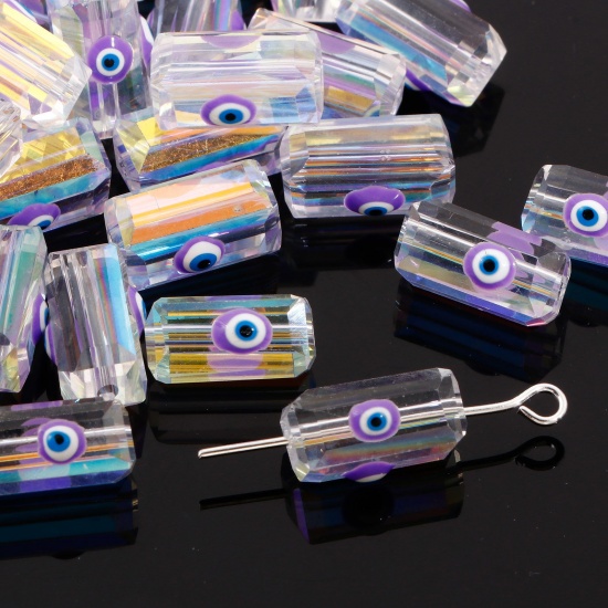 ガラス 宗教 ビーズ ペンダント チャーム DIY 手作り ハンドメイド ジュエリー アクセサリーを作る 長方形 紫 ABカラー 邪眼 透明 ファセット・カット 約 12mm x 6mm、 穴：約 1.3mm、 2 個 の画像