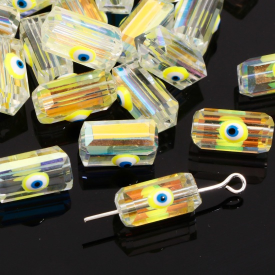 ガラス 宗教 ビーズ ペンダント チャーム DIY 手作り ハンドメイド ジュエリー アクセサリーを作る 長方形 黄色 ABカラー 邪眼 透明 ファセット・カット 約 12mm x 6mm、 穴：約 1.3mm、 2 個 の画像