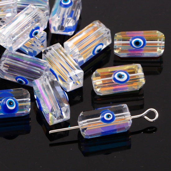 ガラス 宗教 ビーズ ペンダント チャーム DIY 手作り ハンドメイド ジュエリー アクセサリーを作る 長方形 サファイア・ブルー ABカラー 邪眼 透明 ファセット・カット 約 12mm x 6mm、 穴：約 1.3mm、 2 個 の画像