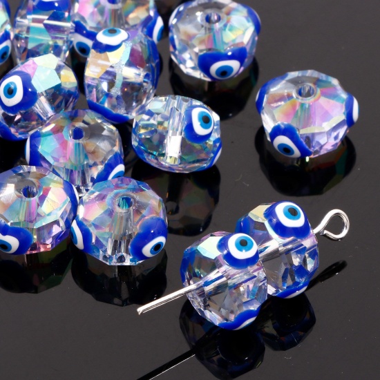 Picture of Glass Religious Beads For DIY Jewelry Making Abacus Royal Blue AB Rainbow Color Evil Eye Transparent Faceted About 10mm Dia, Hole: Approx 1.3mm, 2 PCs