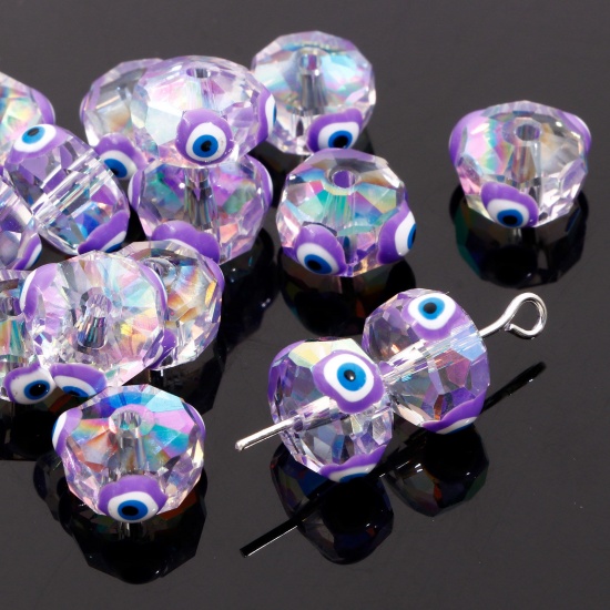 Picture of Glass Religious Beads For DIY Jewelry Making Abacus Purple AB Rainbow Color Evil Eye Transparent Faceted About 10mm Dia, Hole: Approx 1.3mm, 2 PCs