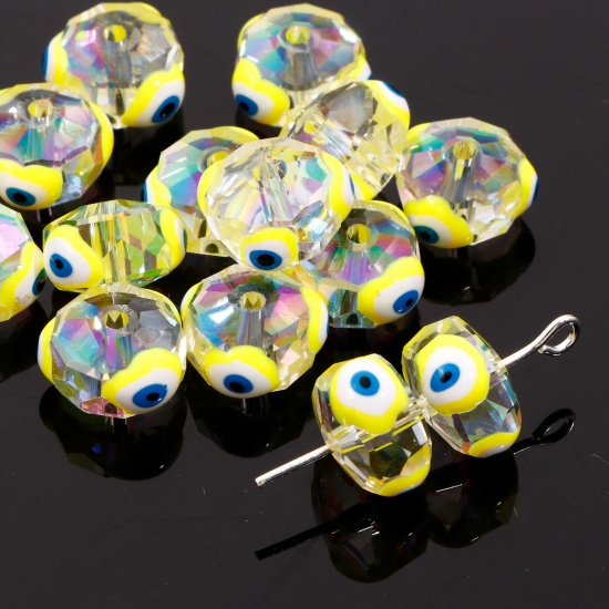 Picture of Glass Religious Beads For DIY Jewelry Making Abacus Yellow AB Rainbow Color Evil Eye Transparent Faceted About 10mm Dia, Hole: Approx 1.3mm, 2 PCs