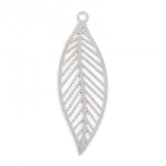 Picture of Iron Based Alloy Filigree Stamping Pendants Silver Tone Leaf 3.3cm x 1.1cm, 10 PCs