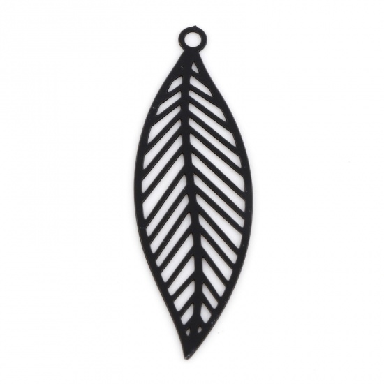 Picture of Iron Based Alloy Filigree Stamping Pendants Black Leaf Painted 3.3cm x 1.1cm, 10 PCs