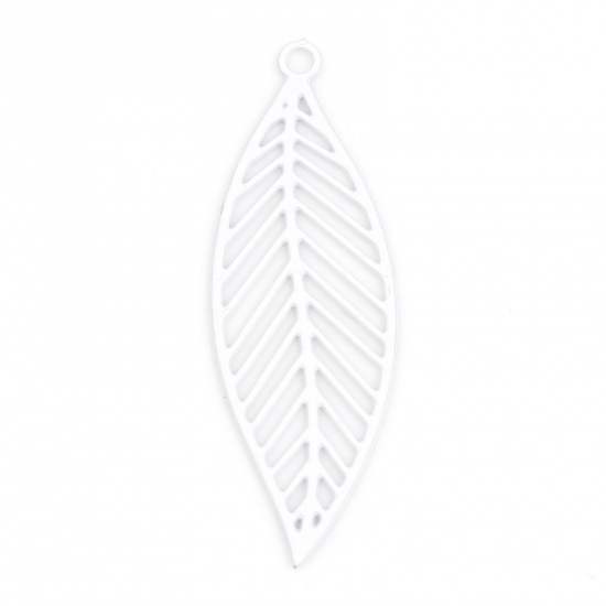 Picture of Iron Based Alloy Filigree Stamping Pendants White Leaf Painted 3.3cm x 1.1cm, 10 PCs