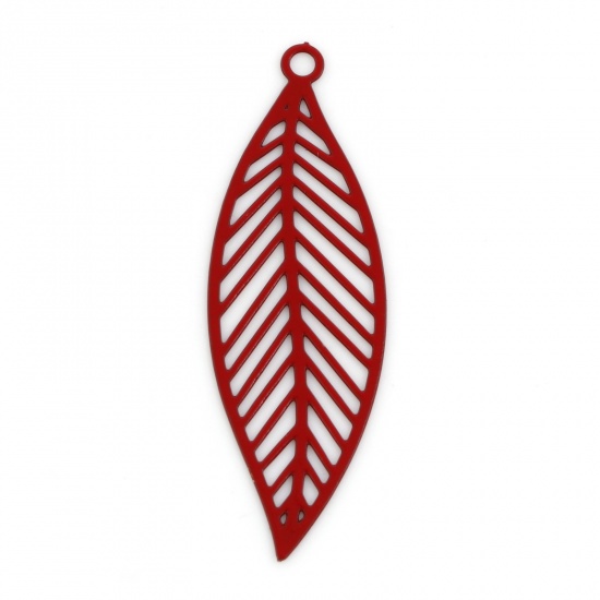 Picture of Iron Based Alloy Filigree Stamping Pendants Red Leaf Painted 3.3cm x 1.1cm, 10 PCs