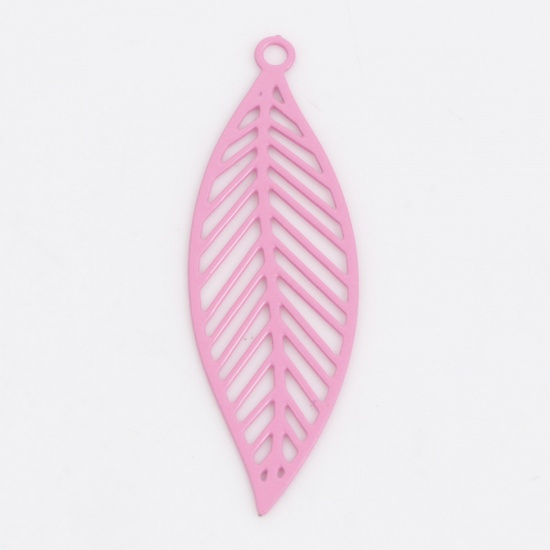 Picture of Iron Based Alloy Filigree Stamping Pendants Pink Leaf Painted 3.3cm x 1.1cm, 10 PCs