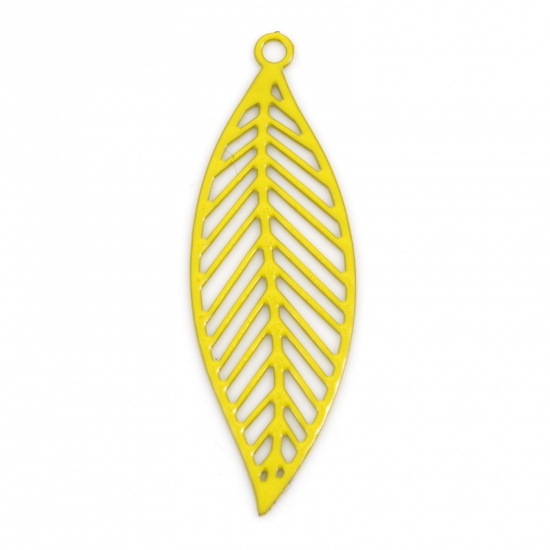 Picture of Iron Based Alloy Filigree Stamping Pendants Yellow Leaf Painted 3.3cm x 1.1cm, 10 PCs