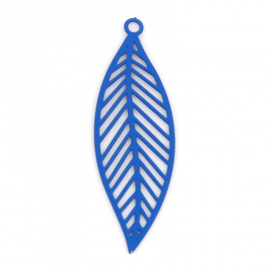 Picture of Iron Based Alloy Filigree Stamping Pendants Royal Blue Leaf Painted 3.3cm x 1.1cm, 10 PCs