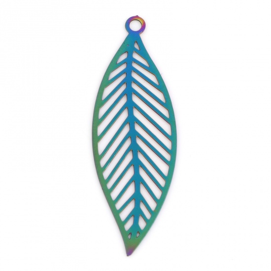 Picture of Iron Based Alloy Filigree Stamping Pendants Rainbow Color Plated Leaf 3.3cm x 1.1cm, 10 PCs
