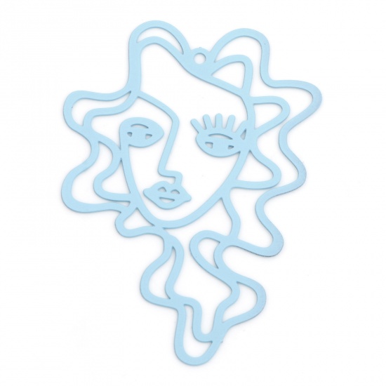 Picture of Iron Based Alloy Filigree Stamping Pendants Light Blue Face Painted 5.1cm x 3.7cm, 5 PCs