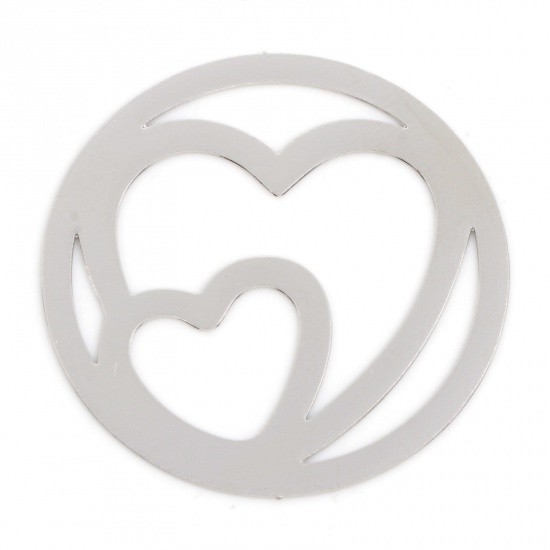 合金 透かしパーツ フィリグリースタンピング バレンタインデー コネクターパーツ 円形 シルバートーン ハート柄 3cm直径、 10 個 の画像