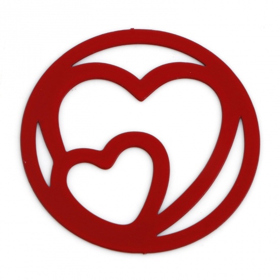 Изображение Железный Сплав(Без Кадмия) День святого Валентина Коннекторы фурнитуры Круглые Красный Сердце С узором С Краской (для 3см диаметр, 10 ШТ