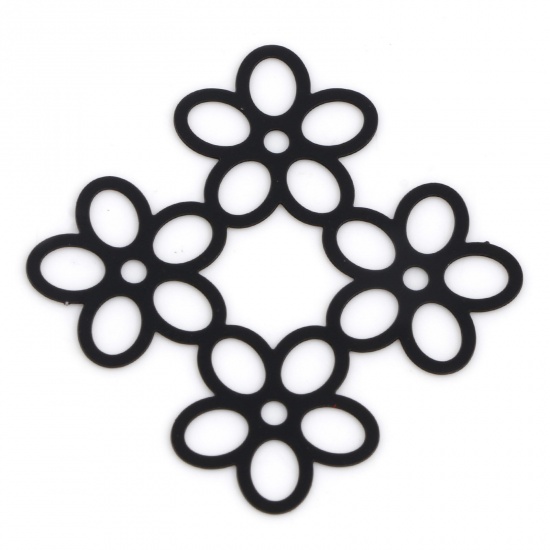 Bild von Eisenlegierung Filigran Stempel Verzierung Verbinder Blumen Schwarz Spritzlackierung, 3.3cm x 3.2cm, 10 Stück