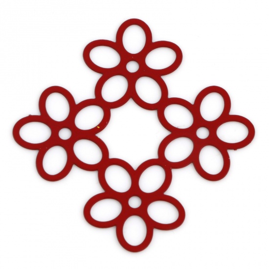 Picture of Iron Based Alloy Filigree Stamping Connectors Flower Red Painted 3.3cm x 3.2cm, 10 PCs