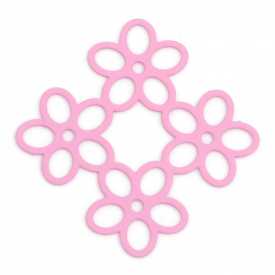 Picture of Iron Based Alloy Filigree Stamping Connectors Flower Pink Painted 3.3cm x 3.2cm, 10 PCs