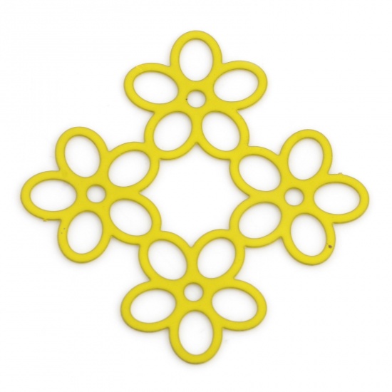 Bild von Eisenlegierung Filigran Stempel Verzierung Verbinder Blumen Gelb Spritzlackierung, 3.3cm x 3.2cm, 10 Stück
