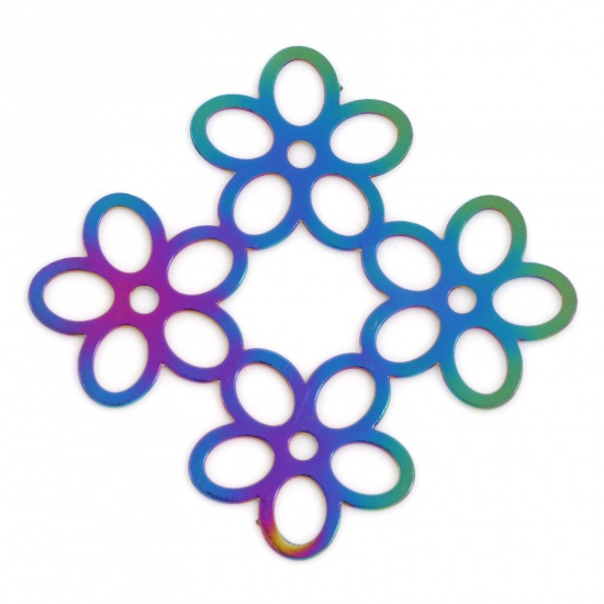 Изображение Железный Сплав(Без Кадмия) Филигранные цветок железа Коннекторы фурнитуры Цветы Цвет радуги с покрытием 3.3см x 3.2см, 10 ШТ