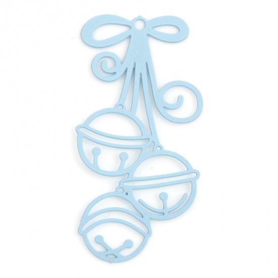 Picture of Iron Based Alloy Filigree Stamping Pendants Light Blue Christmas Jingle Bell Painted 3.5cm x 1.7cm, 10 PCs