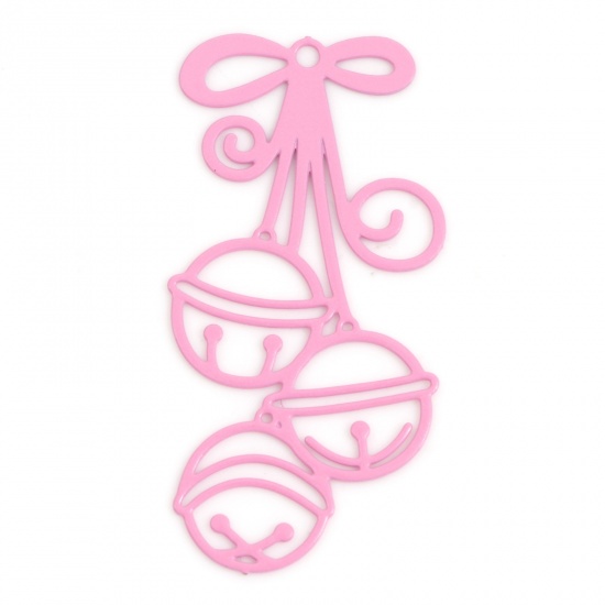 Picture of Iron Based Alloy Filigree Stamping Pendants Pink Christmas Jingle Bell Painted 3.5cm x 1.7cm, 10 PCs