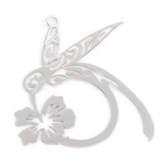 Picture of 10 PCs Iron Based Alloy Filigree Stamping Charms Silver Tone Flower Hummingbird 27mm x 26mm