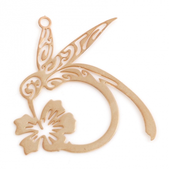 Picture of 10 PCs Iron Based Alloy Filigree Stamping Charms KC Gold Plated Flower Hummingbird 27mm x 26mm
