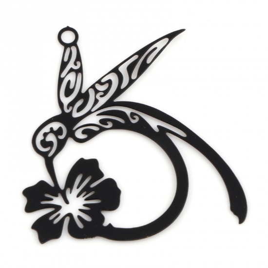 Picture of 10 PCs Iron Based Alloy Filigree Stamping Charms Black Flower Hummingbird Painted 27mm x 26mm