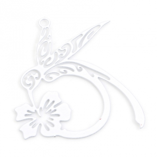 Picture of 10 PCs Iron Based Alloy Filigree Stamping Charms White Flower Hummingbird Painted 27mm x 26mm
