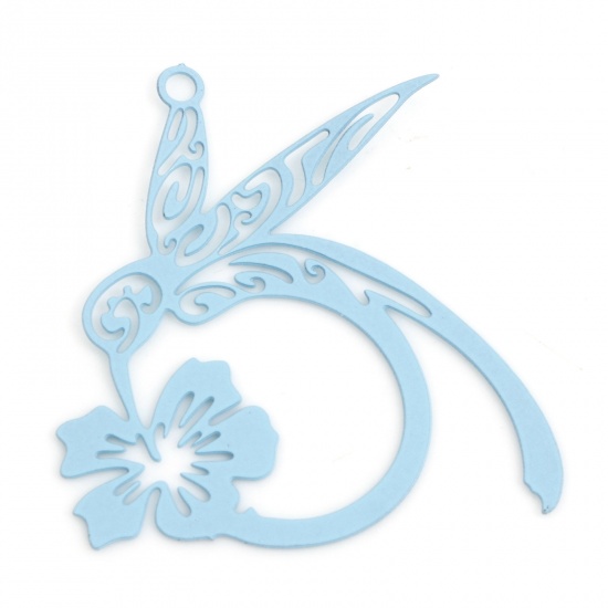 Picture of 10 PCs Iron Based Alloy Filigree Stamping Charms Light Blue Flower Hummingbird Painted 27mm x 26mm