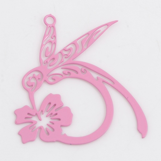 Picture of 10 PCs Iron Based Alloy Filigree Stamping Charms Pink Flower Hummingbird Painted 27mm x 26mm
