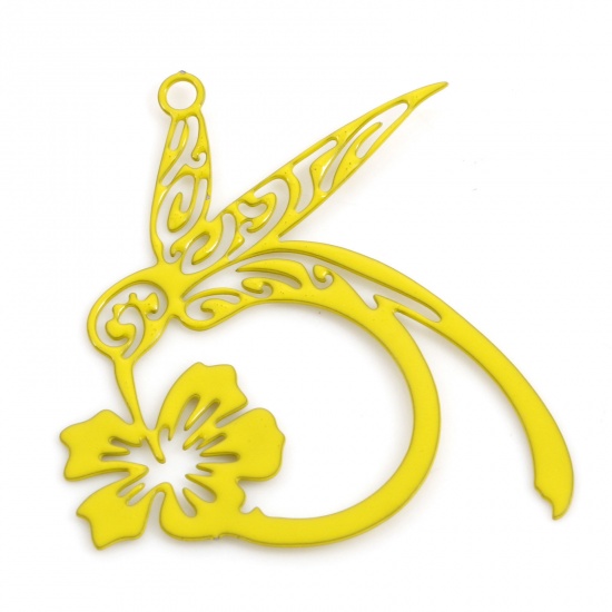 Picture of 10 PCs Iron Based Alloy Filigree Stamping Charms Yellow Flower Hummingbird Painted 27mm x 26mm