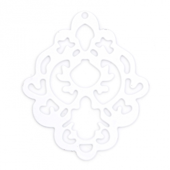 Picture of Iron Based Alloy Filigree Stamping Pendants White Rhombus Painted 4cm x 3.3cm, 5 PCs