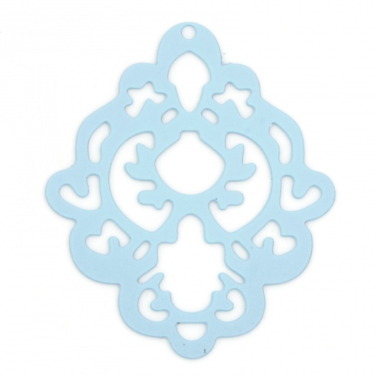 Picture of Iron Based Alloy Filigree Stamping Pendants Light Blue Rhombus Painted 4cm x 3.3cm, 5 PCs