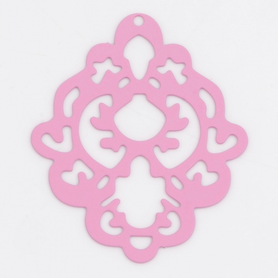 Picture of Iron Based Alloy Filigree Stamping Pendants Pink Rhombus Painted 4cm x 3.3cm, 5 PCs