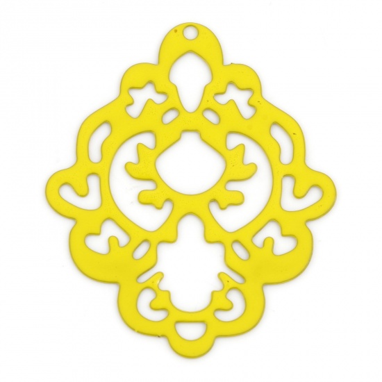 Picture of Iron Based Alloy Filigree Stamping Pendants Yellow Rhombus Painted 4cm x 3.3cm, 5 PCs