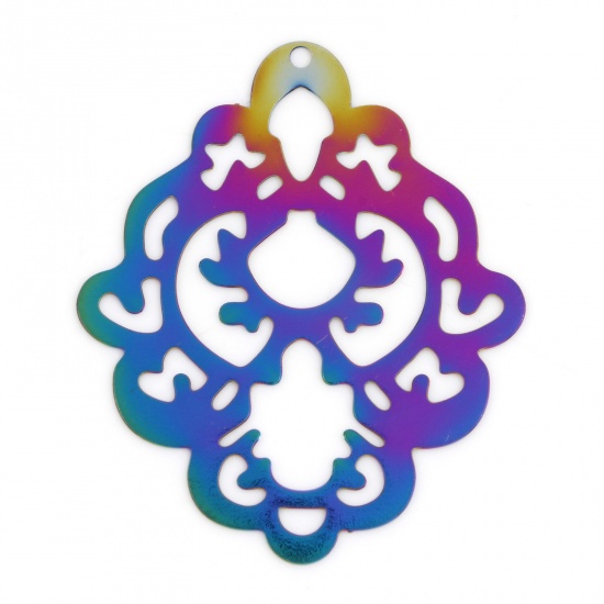 Picture of Iron Based Alloy Filigree Stamping Pendants Rainbow Color Plated Rhombus 4cm x 3.3cm, 5 PCs
