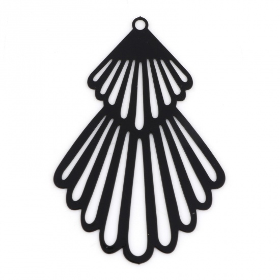 Picture of Iron Based Alloy Filigree Stamping Pendants Black Fan-shaped Painted 4.5cm x 3cm, 10 PCs