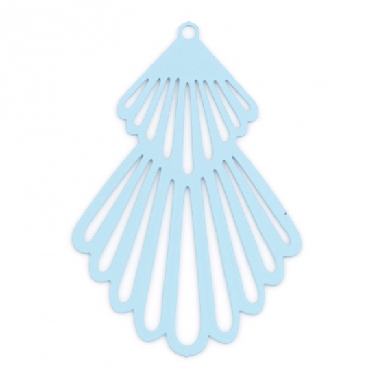 Picture of Iron Based Alloy Filigree Stamping Pendants Light Blue Fan-shaped Painted 4.5cm x 3cm, 10 PCs