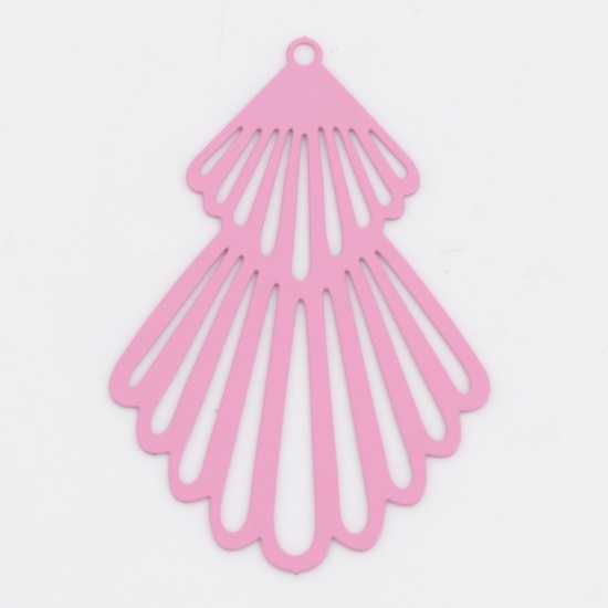 Picture of Iron Based Alloy Filigree Stamping Pendants Pink Fan-shaped Painted 4.5cm x 3cm, 10 PCs