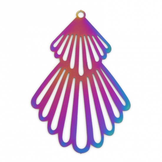 Picture of Iron Based Alloy Filigree Stamping Pendants Rainbow Color Plated Fan-shaped 4.5cm x 3cm, 10 PCs